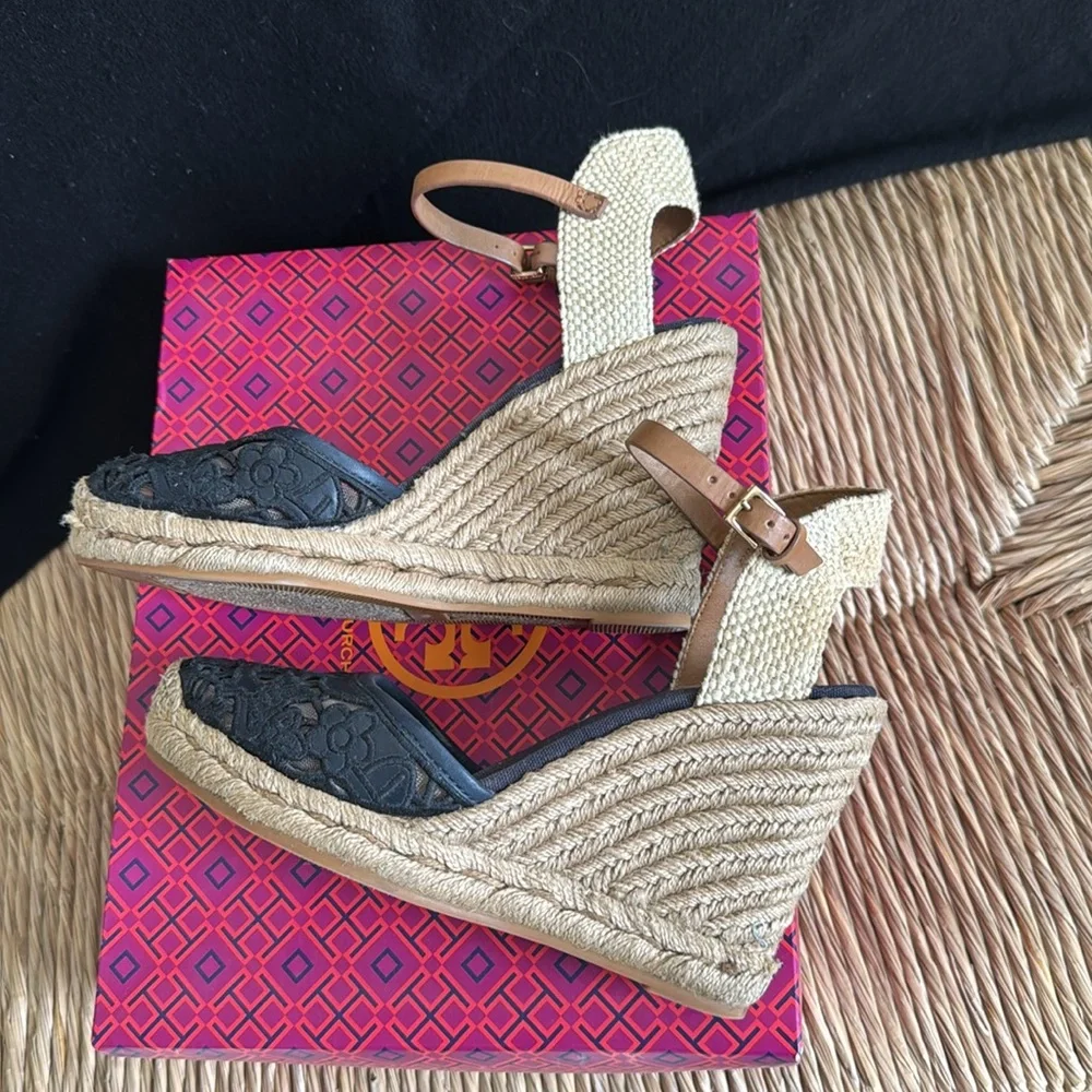Tory Burch Womens Lucia Espadrille Wedge Sandals size 9 Navy/Black/Natural/Tan - Picture 3 of 5